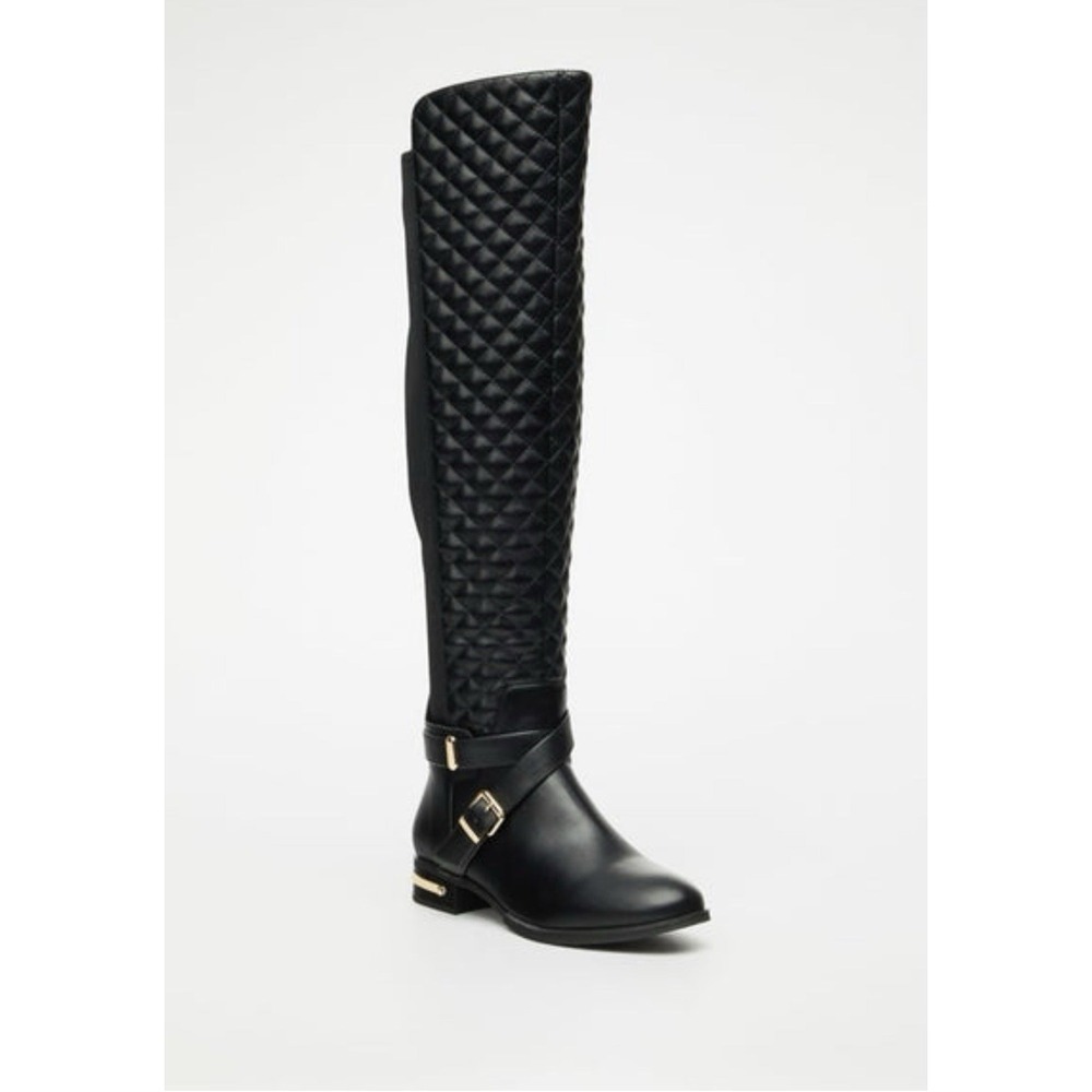 Annabeth by JUSTFAB (SHOEDAZZLE) Black quilted faux leather riding boots, SZ 7 - Picture 6 of 16